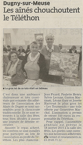 Un article de 2014 sur la participation de l'association des anciens au profit du Téléthon.